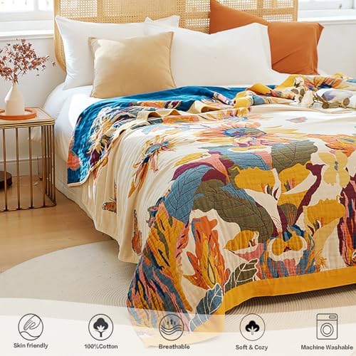 VANJOROY Boho Throw Blanket 100% Organic Cotton 60x80 for Bed Couch, Floral