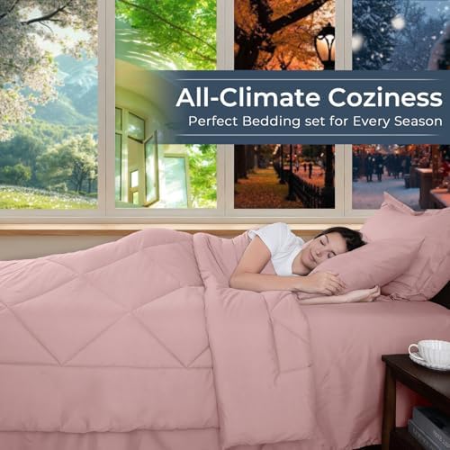 HEVUMYI 7-Piece Full Comforter Set, Dusty Pink Bed in a Bag