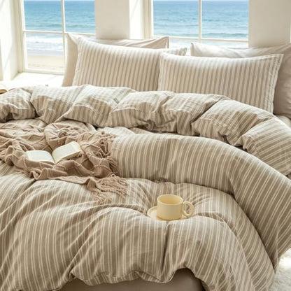 Striped Duvet Cover Set Full Size 3 Piece 100% Washed Cotton Linen Like Textured Bedding Comfy Breathable (Full, Double Stripe-Beige/White)