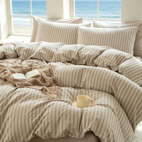 Striped Duvet Cover Set Queen Size 3 Piece 100% Washed Cotton Linen Like Textured Bedding Comfy Breathable (Queen, Double Stripe-Beige/White)