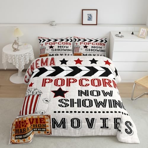Homewish 70's Vintage Cinema Movie Theater Comforter Set Popcorn Bedding Set 3Pcs Cinema Poster Design All Season Quilt Set for Kids Boys Girls Black Red Microfiber Duvet Insert Room Decor Queen Size