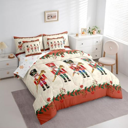 Erosebridal Nutcracker 7 Piece Bedding Set King Soldier Comforter Set with Sheets Xmas Holiday Bed in a Bag Christmas Red Flowers Cute Cartoon Bed Sets Comforter