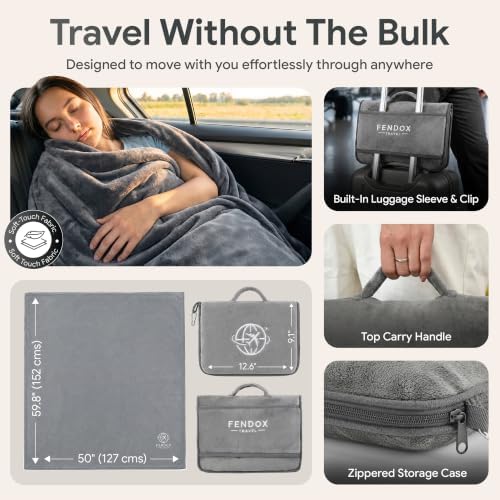 2-in-1 Travel Blanket and Pillow – Lightweight, Compact, Ultra Soft, Machine Washable – Handle, Luggage Sleeve, Backpack Clip – for Travel Airplane, Car, Office (Gray)