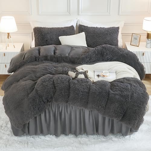 Andency Dark Grey Comforter Full Size Set, Fluffy Faux Fur Warm Bedding Set