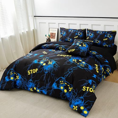 ZRNBAST Twin Size Bedding Set for Boys Blue Gaming Comforter Set 6 Pieces Bed in A Bag Lightning Gamer Bed Set with Sheets Microfiber Game Console Bedroom Decor(Blue,Twin)