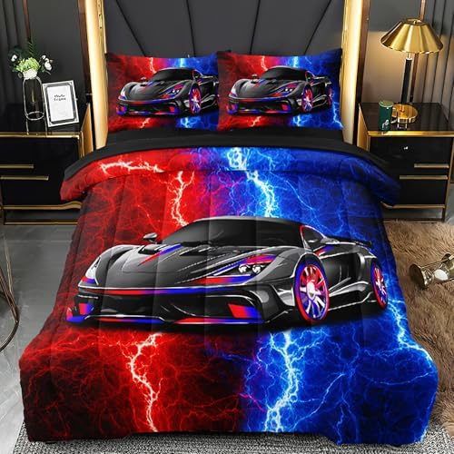 5 Pcs Twin Car Bedding Sets for Boys Teen, Red Blue Lightnings Car Twin Comforter Set for Boys, Twin Boy Bedding Set