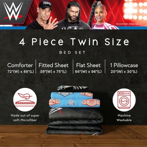 WWE Wrestlemania Bedding Set, Super Soft Microfiber Comforter & Sheet Set, 4-Piece Twin, (Officially Licensed Product) by Franco