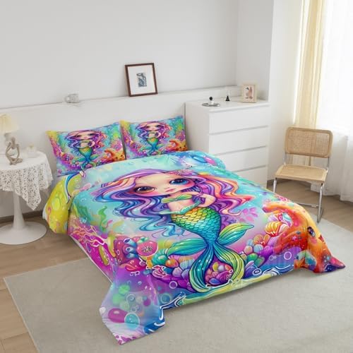 Cartoon Mermaid Comforter Set Queen Size Colorful Ocean Theme Bedding Set with 2 Pillowcases for Kids Child Girls,Princess Bedroom Cartoon Quilt Underwater World Starfish Duvet Double-sided Printing
