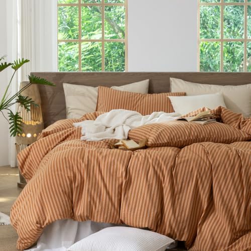 MooMee Striped Duvet Cover Set 100% Washed Cotton Linen Like King