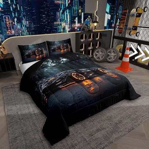 Boys Sports Car Comforter,Cool Black Race Car Bedding Set Toddler Size for Kids Boys Girls Teens,3D Racing Cars Bedding Comforter Sets,Extreme Sports Theme Quilt Racing Games Race Cars Room Decor