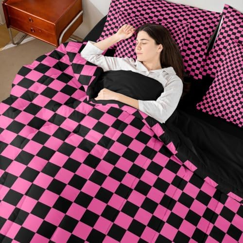 jejeloiu Pink Black Comforter Set with Sheets 7 Piece Twin Size