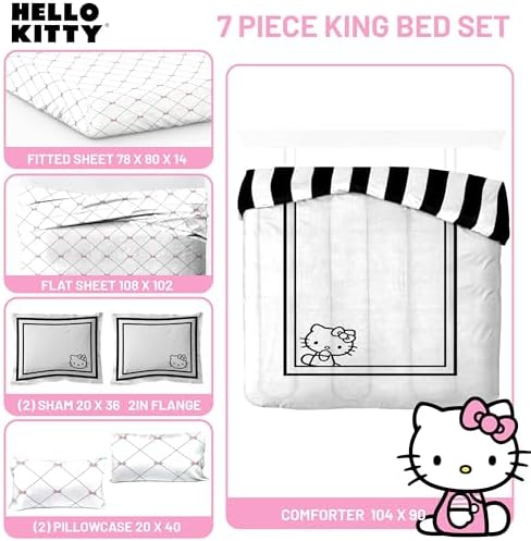 Sanrio Hello Kitty King Comforter Set 7 Piece Bedding for Girls, White