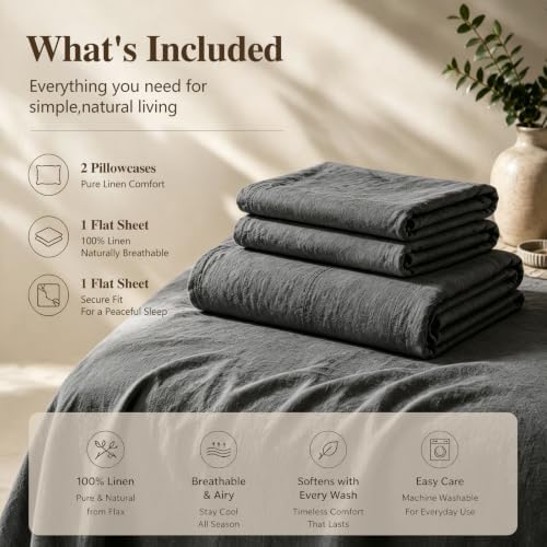 MEISHANG 100% French Linen Sheets California King,4 Pcs,16" Deep Pocket