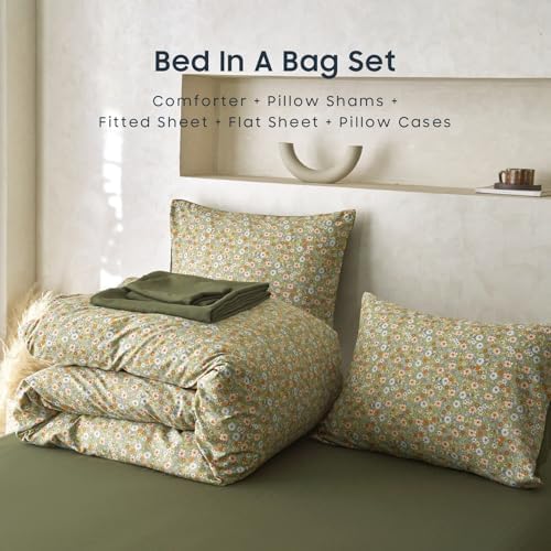 Wake In Cloud - Floral Comforter Set with Sheets, Cute Vintage Flower Cottagecore Aesthetic for Women Teen Girls, 7 Pieces Bed in a Bag, Olive Green, Queen Size