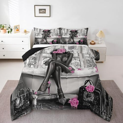 jejeloiu Afrcian American Woman Comforter Set King Size Kids Pink Black Bedding Set Boys Girls Teens Ethnic Afro Duvet Breathable Traditional Exotic Quilt Bedroom Decor,1 Comforter with 2 Pillowcase