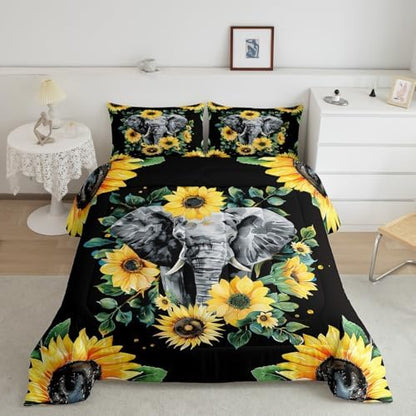 Elephant Comforter Set, Yellow Sunflower Down Comforter Full Size for Kids Girls Teens Adult Bedroom Decor, African Safari Animal Duvet Sets Floral Petal Country Bedding Set with 2 Pillow Cases