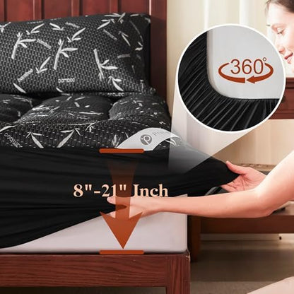 PRIMESOFT Full Size Mattress Topper, Thick Pillow Top Mattress Pad，Up to 23 Inch Deep Pocket,Soft Breathable Mattress Pad for Back Pain, Waterproof Protector Cover(Black)