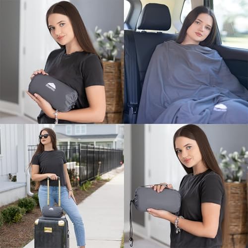 BlueHills Ultra Compact Travel Blanket Pillow Airplane Long Flights - Gray