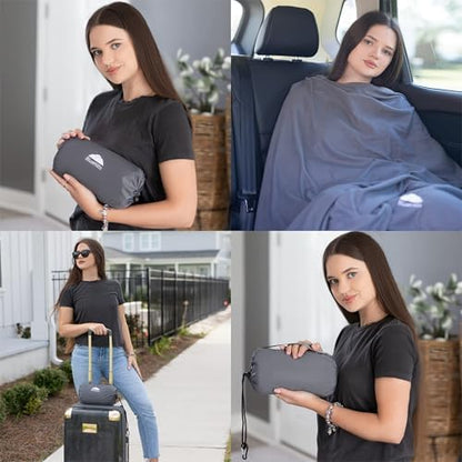 BlueHills Ultra Compact Travel Blanket Pillow Airplane Long Flights - Gray
