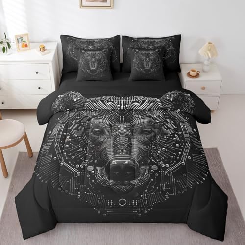 Erosebridal 3D Model Bear Bed in A Bag with Sheets Twin Black Bear Wild Animal 7 Piece Comforter Set Futuristic Technology Bedding Set,Mechanical Science Bedding Comforter Sets for Boys Teens Youth