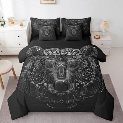 Erosebridal 3D Model Bear Bed in A Bag with Sheets Twin Black Bear Wild Animal 7 Piece Comforter Set Futuristic Technology Bedding Set,Mechanical Science Bedding Comforter Sets for Boys Teens Youth