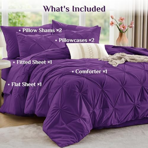 JOLLYVOGUE Full Size Comforter Sets 7 Pieces - Bed in a Bag Full for All Season, Pintuck Bedding Comforter Sets with Comforter, Flat Sheet, Fitted Sheet and Pillowcases & Shams, Purple