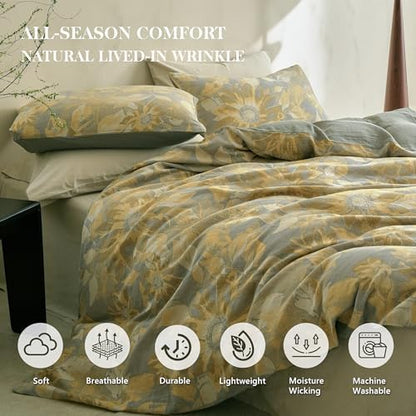 Simple&Opulence Muslin Duvet Cover Set King Size, 100% Washed Cotton 3 Pieces Yarn-Dyed Vintage Yellow Floral Jacquard Textured Bedding, Soft & Breathable Gauze Comforter Cover with Zipper Closure
