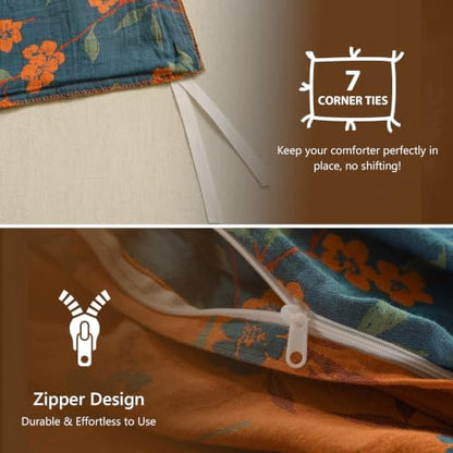 Simple&Opulence Muslin Duvet Cover Set Queen Size, 100% Washed Cotton 3 Pieces Yarn-Dyed Vintage Blue Orange Floral Jacquard Textured Bedding, Soft Breathable Gauze Comforter Cover with Zipper Closure