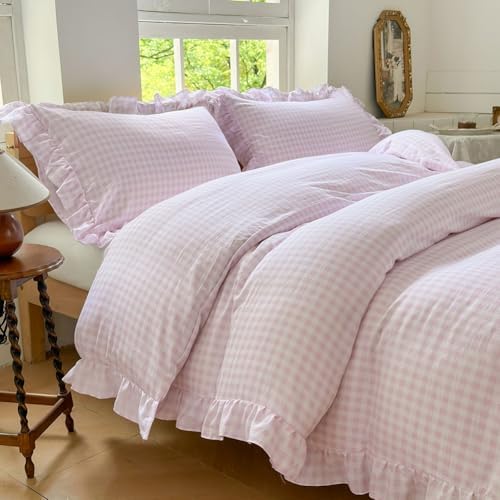 NSNLGSGC Pink Gingham Ruffle Twin Duvet Cover