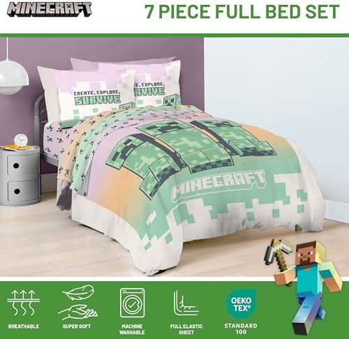 Minecraft Creeper Full Size Comforter Set 7 Piece Kids Bedding, Pink