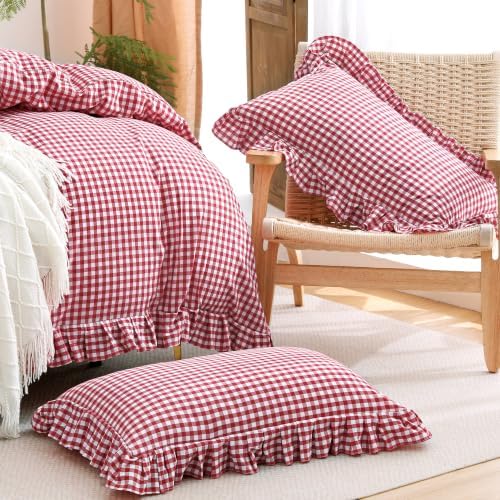 ATsense Red Gingham Ruffle Duvet Cover Set Cotton Like Linen, King
