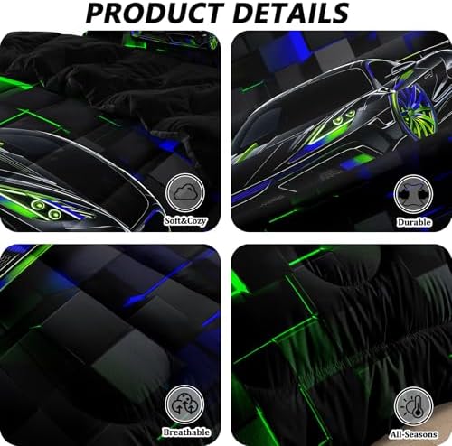 3 Pcs Twin Car Bedding Sets for Boys, Green Blue Race Car Twin Comforter Set for Boys Teens, Twin Boy Bedding Set