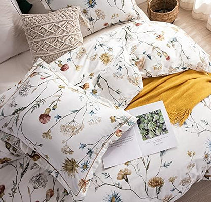 SLEEPBELLA Comforter Twin Size, 600 Thread Count Cotton White Printed with Blue & Blush Flowers Cotton Comforter Set,Down Alternative Bedding Set 2Pcs(Twin, White Floral)