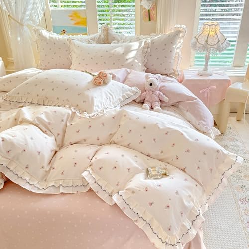 mixinni Cottagecore Shabby Chic Tiny Pink Floral Duvet Cover King, Premium 100% Cotton Dual-Sided Ruffle Lace Bedding, Vintage Farmhouse Princess Duvet Cover with Zipper & Corner Ties