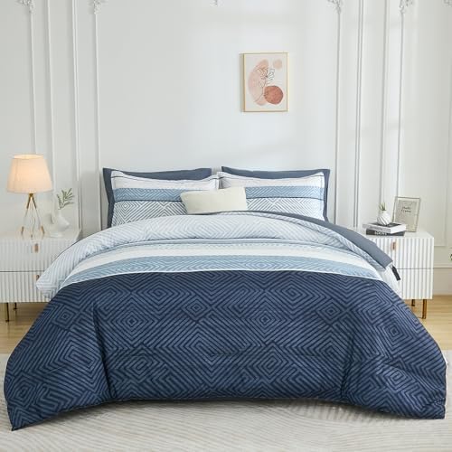 Comforter Set Queen Size 7 Piece Bed in a Bag Boho Blue Striped Bedding Set
