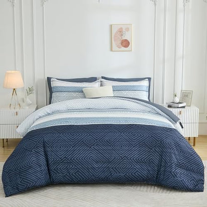 Comforter Set Queen Size 7 Piece Bed in a Bag Boho Blue Striped Bedding Set
