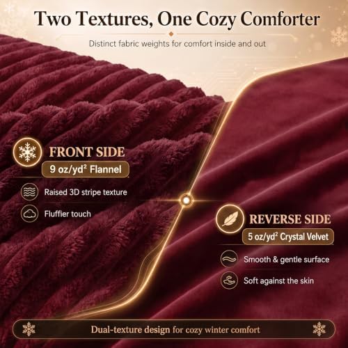 CozyLux Fleece Queen Comforter Set, 3 Piece Winter Warm Dark Red Bedding
