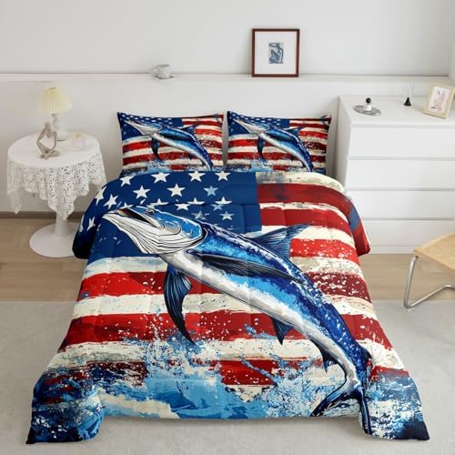 Marlin Swordfish Comforter Set Boys American Flag Bedding Set, Hunting and Fishing Comforter for Kids Teens Adult Bedroom Marine Life Ocean Animal Down Comforter with 2 Pillow Cases, Blue Red, King