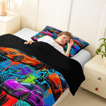 Feelyou Boys Sports Car Comforter Set All Season Speed Race Car Bedding Set with 2 Pillow Cases Racing Extreme Sports Kids Queen Bedclothes Automobile Bedroom Decor Duvet Quilt Breathable Soft