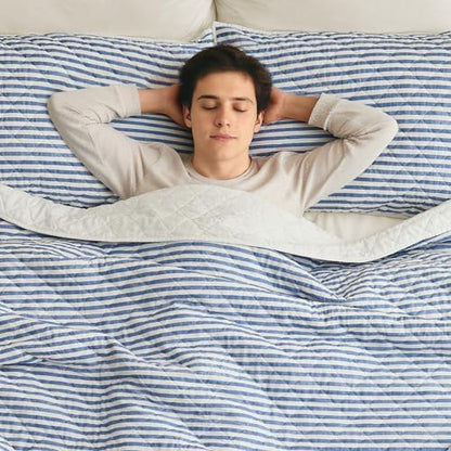 Wonderful - Blue Classic Ticking Stripe Quilt Set Twin Size, 2-Piece 100% Cotton Face & Fill Nautical Coastal Bedding, Rustic Farmhouse Bedspread Coverlet for All Season
