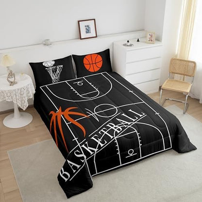 Erosebridal Boys Basketball Comforter Twin for Kids Teens Sports Theme Bedding Set, Black White Down Comforter Ball Gamer Bed Set, Cartoon Basketball Court Quilted Duvet (Black Reversible)
