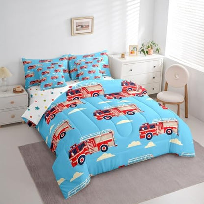 Erosebridal Cartoon Fire Truck King Comforter Set with Sheets, Red Firemen Car Bed in A Bag, White Cloud Blue Sky 7 Pieces Bedding Set for Kids Men Teens Boys Room Decor, Fire Engine Bed Sets