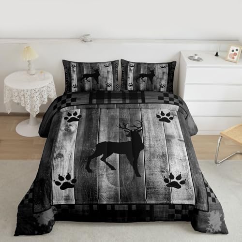 Homewish Deer Bear Down Comforter Queen Size,Hunting and Adventure Bedding Sets 3Pcs for Kids Girls Boys Women Room Decor,Natural Wild Animals Quilted Duvet Rustic Lodge Plaid Bedspread,2 Pillowcases
