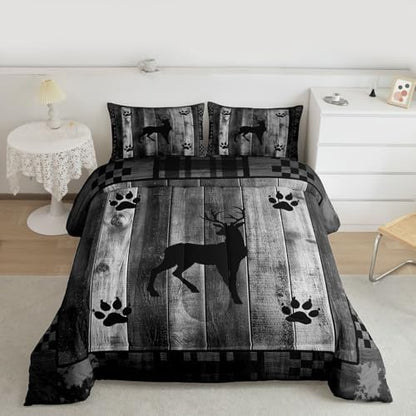 Homewish Deer Bear Down Comforter Queen Size,Hunting and Adventure Bedding Sets 3Pcs for Kids Girls Boys Women Room Decor,Natural Wild Animals Quilted Duvet Rustic Lodge Plaid Bedspread,2 Pillowcases