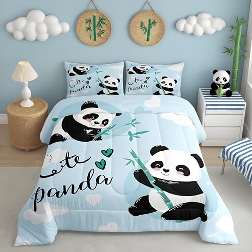Feelyou Cute Panda Bedding Set Cartoon Panda Comforter Set for Kids Boys Girls Animal Theme Comforter Kawaii Animal Quilt Set Blue 1 Comforter Set with 2 Pillowcases Queen Size