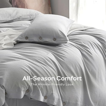 JELLYMONI 100% Washed Cotton Pale Grey Duvet Cover King, Linen-Like