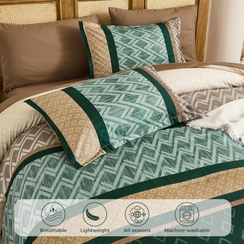 Striped Comforter Set Queen Size,Green and Brown Boho Bed in a Bag