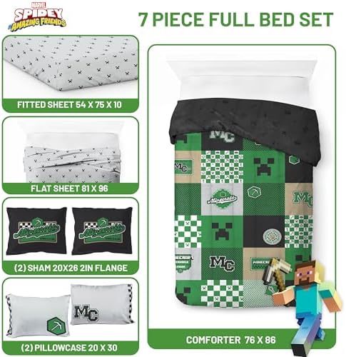 Minecraft Creeper Full Size Comforter Set 7 Piece Kids Bedding, Multi