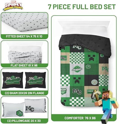 Minecraft Creeper Full Size Comforter Set 7 Piece Kids Bedding, Multi