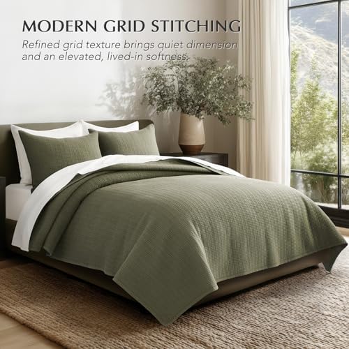 EverGrace 100% Cotton Modern Grid Stitch Quilt Set, King Size, Olive Green